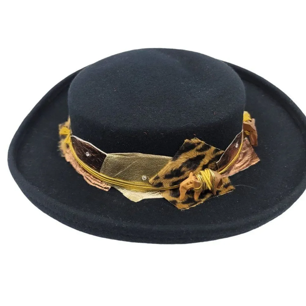 Vintage 50's Womens Sonni Hat Fedora Black Gold Animal Patchwork Accent Madonna - Picture 5 of 10